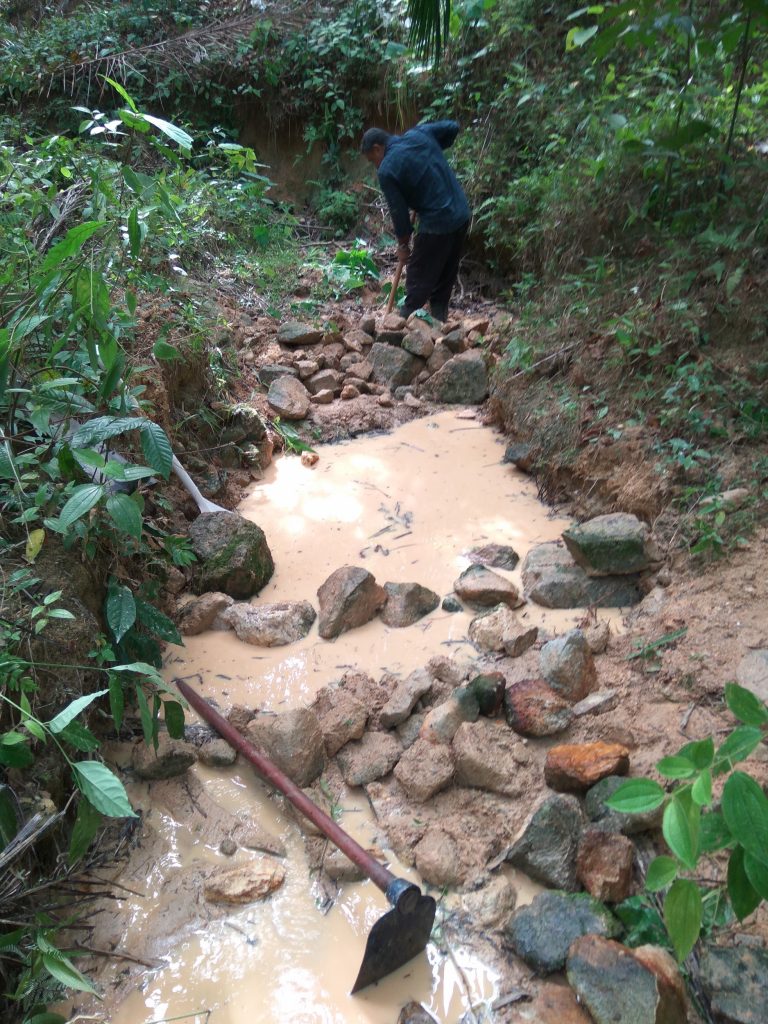 At the foreground is the front wall of the mini dam under construction. Mike is seen here working on the rear wall. Beyond him into the far distance in the photo is where the first stone wall being erected at the last bend leading up to the mini dam.