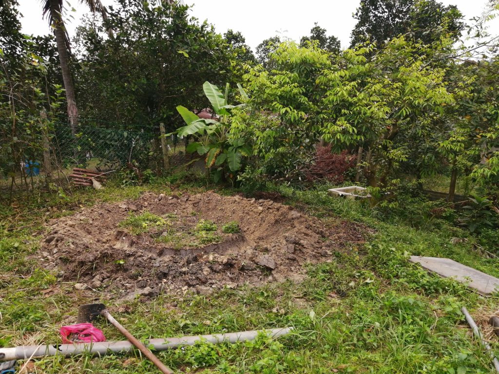 This corner of the farm where the banana circle is located is adjacent to two neighbours at a 90 degree angle (note the position of fence). Hopefully the circle helps absorb excess outflow of nutrients and water before they leave the farm.