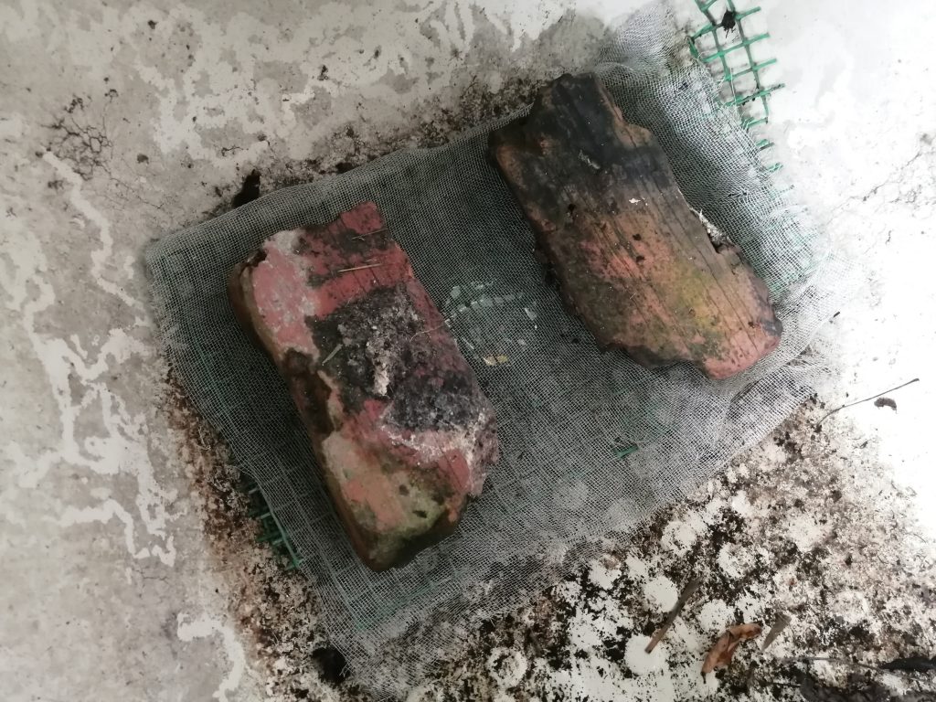 Wire mesh weighed down with bricks to cover drainage hole.