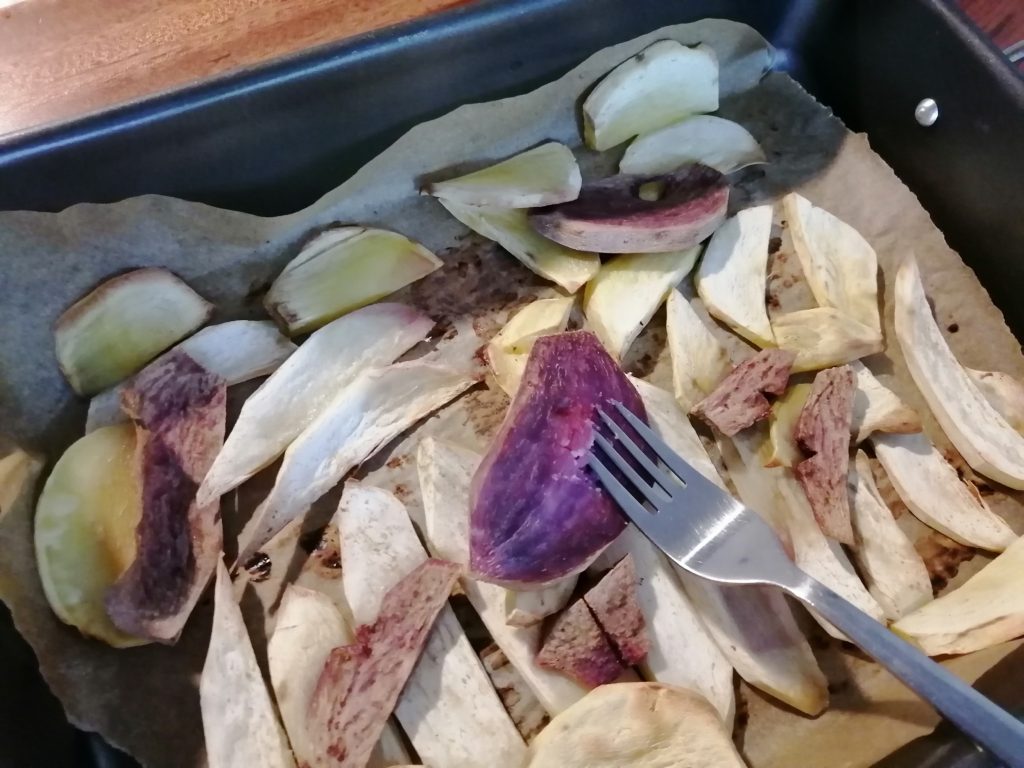 Sliced roasted sweet potatoes.